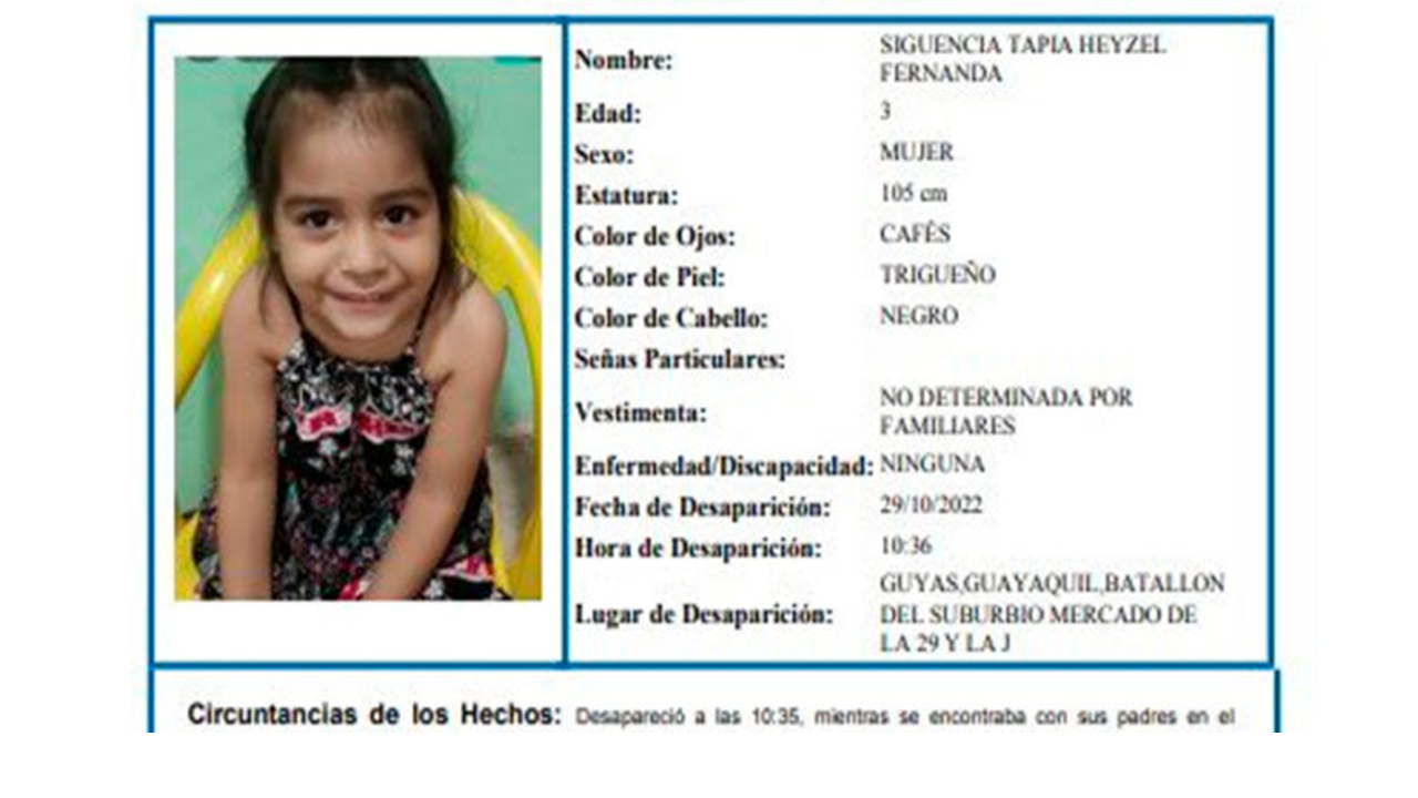 Niña de 3 años Desaparece en Guayaquil Alerta Emilia